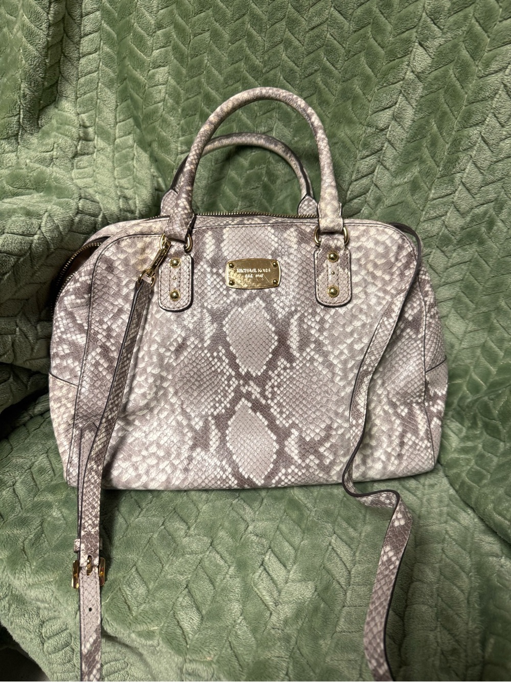 Michael Kors Gray Snake-Print Satchel with Gold Hardware
